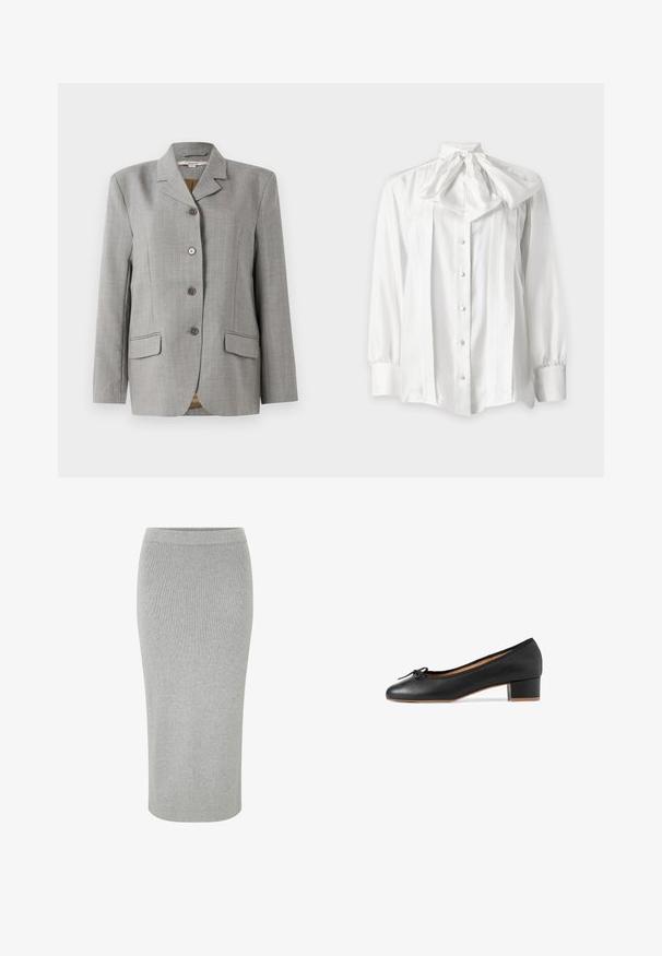 Blazer de cuadros gris con cuello de muesca, cuatro botones delanteros, dos bolsillos laterales y una textura suave.; Blusa blanca de manga larga con botones en la parte delantera y un gran lazo anudado en el cuello, con detalles plisados en la parte frontal.; Falda lápiz gris acanalada con una silueta ajustada, que cuenta con una pretina elástica y una textura suave. Adecuada para diversas ocasiones.; Bailarina de piel negra con punta redondeada, pequeño tacón cuadrado y ribete de tela. Presenta un lazo decorativo en la zona de los dedos.
