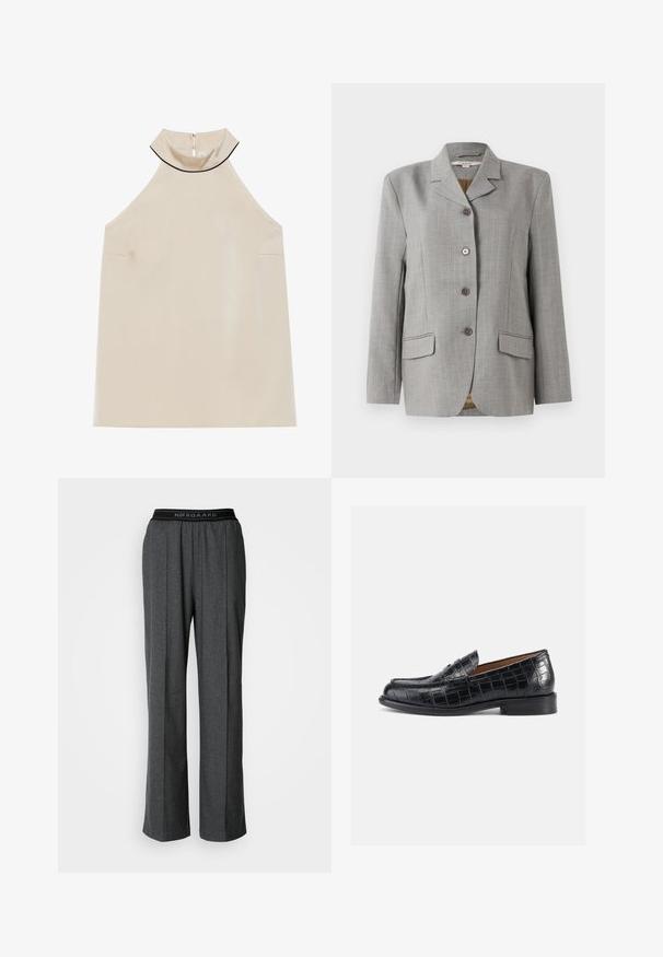 Blazer à carreaux gris avec col cranté, quatre boutons à l'avant, deux poches latérales et une texture lisse.; Haut halter sans manches beige en tissu lisse avec un col haut et une fermeture éclair au dos, présentant un design minimaliste et sans motifs visibles.; Pantalons gris à jambes larges avec des plis, fabriqués dans un tissu texturé. Présentent une ceinture noire avec le logo "NØRGAARD".; Mocassins en cuir noir embossé motif crocodile, avec un bout arrondi, un design à enfiler, et un talon bas et solide. Texture lisse et éclat subtil.