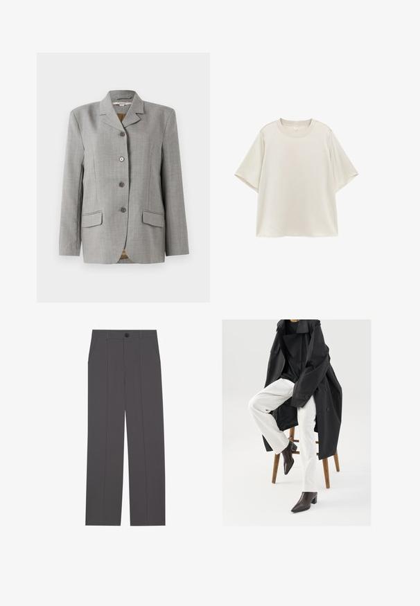 Blazer à carreaux gris avec col cranté, quatre boutons à l'avant, deux poches latérales et une texture lisse.; T-shirt uni beige clair à manches courtes avec col rond, coupe ample, présenté à plat sur fond blanc.; Pantalons gris avec une coupe droite, comprenant deux poches latérales et une fermeture à bouton. Tissu lisse sans motifs ni accents visibles.; Un trench-coat noir, surdimensionné, porté sur un haut noir, associé à un pantalon blanc et des bottines à bout pointu marron, assis sur un tabouret en bois.