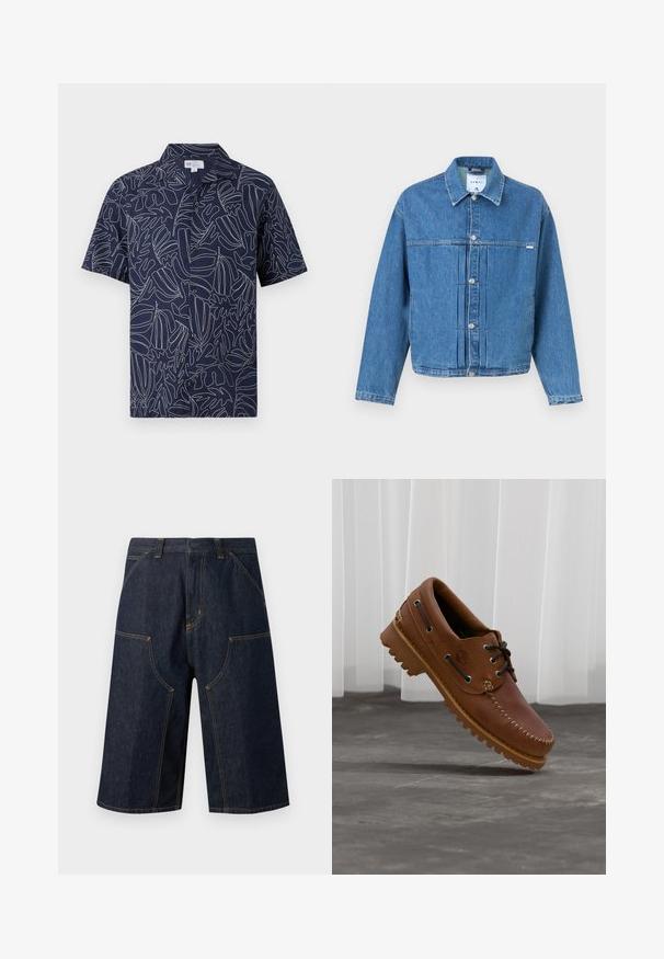 Veste en jean bleue avec devant boutonné, col, manches longues et détails plissés sur un fond uni.; Chemise homme bleu marine à manches courtes avec boutons, motifs abstraits blancs de feuilles en lignes et col.; Short en jean bleu foncé longueur genou avec surpiqûres orange, poches avant, passants de ceinture et fermeture par bouton.; Chaussure de bateau en cuir marron avec des lacets noirs, des coutures beiges et une semelle robuste, suspendue au-dessus d'un sol en béton gris.