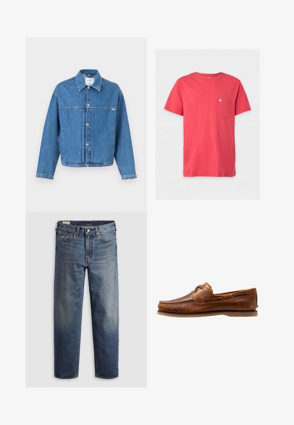 Blaue Jeansjacke mit knöpfbarer Vorderseite, Kragen, langen Ärmeln und plissiertem Detail auf einfarbigem Hintergrund.; Schlichtes rotes T-Shirt mit kurzen Ärmeln und einer kleinen Brusttasche auf der linken Seite, mit einem GAP-Logoetikett an der Tasche.; Dunkelblaue Jeans aus Denim mit lockerem Sitz, geraden Beinen, Fünf-Taschen-Design und dezentem Used-Look an den Oberschenkeln. Silberner Knopf und Nieten.; Braune Lederbootsschuhe mit gesteppten Akzenten, metallischen Ösen, einer erhöhten Naht an der Zehe und einer flachen Gummisohle.