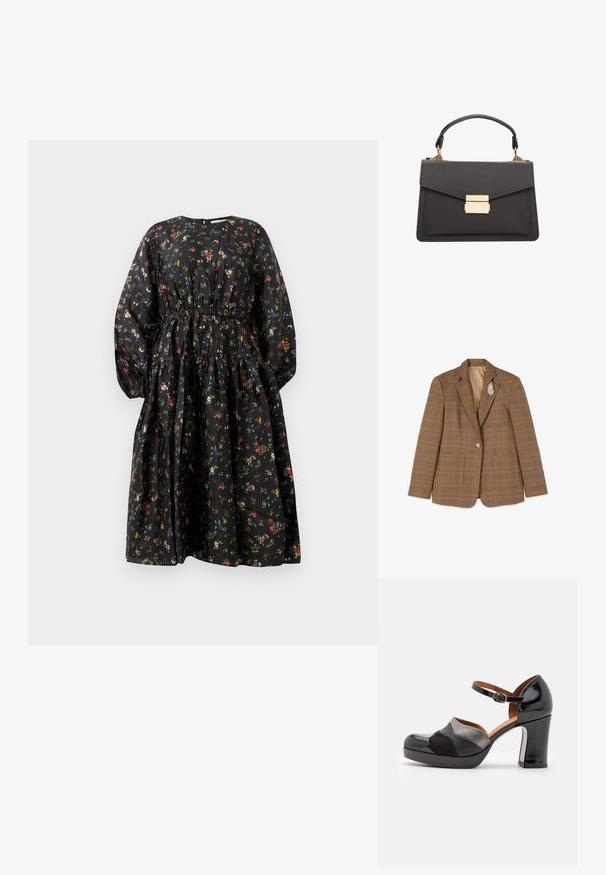 Brauner karierter Blazer mit einem Knopf und einer silbernen blattförmigen Brosche am linken Revers, flach auf weißem Hintergrund gelegt.; Schwarzes Blumenmusterkleid mit langen Ärmeln, geraffter Taille und gestuftem Rock. Es zeichnet sich durch ein buntes Blumenmuster und eine glatte Stoffstruktur aus.; Schwarzer und grauer High-Heel-Schuh mit runder Zehenpartie, Knöchelriemen und strukturiertem Obermaterial, ausgestattet mit einem Blockabsatz und kontrastierenden Einsätzen.; Graue Lederhandtasche mit strukturiertem Design, ausgestattet mit einem Handgriff oben, goldenen Beschlägen und einem Klappenverschluss mit einem rechteckigen Verschluss.