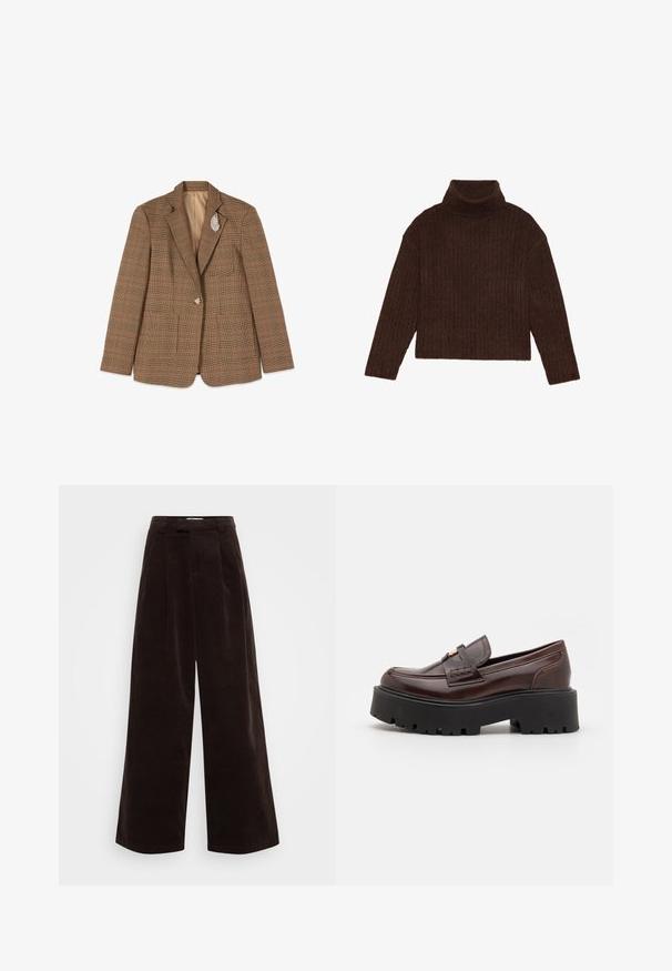 Brun ternet blazer med en knap og en sølv bladformet broche på venstre revers, lagt fladt på hvid baggrund.; Brun ribbet turtleneck sweater med lange ærmer og cropped silhuet, med et tykkere, struktureret strikdesign.; ONLY Tall ONLSVEA NESSA CORD WIDE - Bukser - seal brown; Madden Girl CALISTA - Loafers - brown