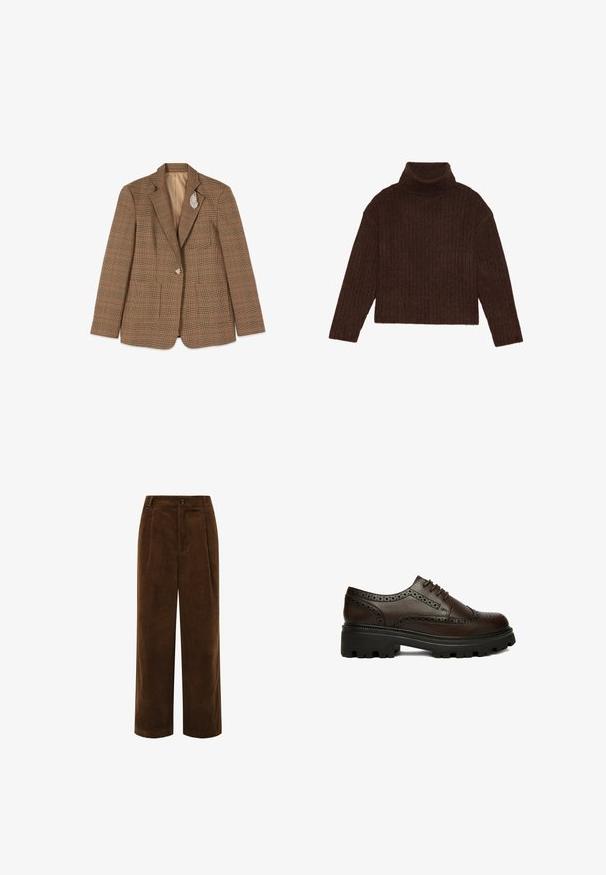 Blazer marron à carreaux avec un bouton et une broche en forme de feuille argentée sur le revers gauche, posé à plat sur un fond blanc.; Pull en maille côtelée marron à col roulé, avec des manches longues et une silhouette courte, présentant un design de tricot épais et texturé.; Pantalon large en velours côtelé marron avec fermeture à boutons sur le devant, poches latérales et taille haute.; Chaussure brogue en cuir marron foncé avec détails perforés et semelle épaisse en caoutchouc noire, vue de côté sur fond blanc.