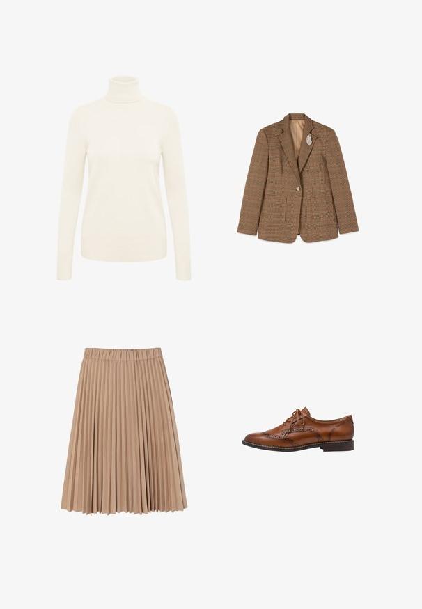 Blazer marron à carreaux avec un bouton et une broche en forme de feuille argentée sur le revers gauche, posé à plat sur un fond blanc.; Pull à col roulé crème fabriqué à partir d'un tissu en maille doux. Il dispose de manches longues et de poignets et d'un ourlet côtelés.; Jupe plissée en tissu beige doux ; elle dispose d'une taille élastique et d'un design fluide avec des plis étroits et réguliers partout.; Chaussure Oxford brogue en cuir marron avec détails à bout ailé, perforations, lacets et talon bas empilé sur fond blanc.