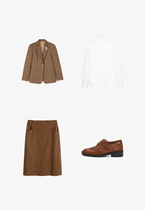 Blazer marrón a cuadros con un botón y un broche plateado en forma de hoja en la solapa izquierda, colocado plano sobre un fondo blanco.; Blusa blanca de manga larga con cuello y puños de encaje, que presenta un ribete de encaje vertical en el centro de la espalda.; Falda de algodón marrón con cintura ajustada, dos bolsillos laterales y corte recto. La tela tiene una textura suave y un brillo sutil.; Zapatos de cordones de piel marrón con detalles perforados, puntera redondeada y tacón de goma negra. Presentan una textura suave y un diseño discreto.