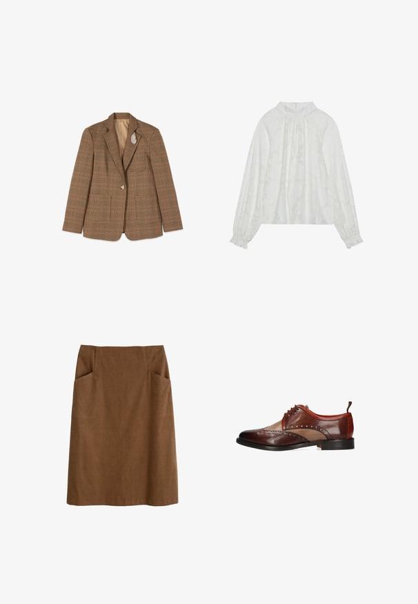 Brun ternet blazer med en knap og en sølv bladformet broche på venstre revers, lagt fladt på hvid baggrund.; Hvid langærmet bluse med et tekstureret blomstermønster, elastisk halsudskæring og elastiske manchetter. Blød, letvægts stof.; Brun bomuldsnederdel med en tætsiddende talje, to sidelommer og lige snit. Stoffet har en blød tekstur og en subtil glans.; Brun tofarvet herresko i læder med brogue-detaljer, snørelukning og sort sål, vist fra siden på hvid baggrund.