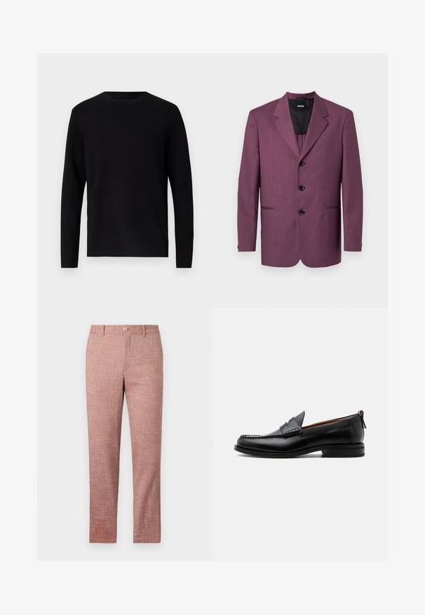 Blazer morado a rayas con solapa muesca, tres botones negros y dos bolsillos laterales. Interior forrado, corte entallado, hombros estructurados.; Suéter negro de punto con cuello redondo y mangas largas. Textura suave y color sólido, sin patrones ni acentos visibles.; Pantalones de tejido texturizado rojo con diseño de pierna recta, bolsillos frontales y cierre de botón. La tela presenta un patrón tejido para un detalle añadido.; Mocasín de hombre de piel negra con costura moc toe, tira penny, cuello texturizado y tacón bajo apilado sobre fondo blanco.