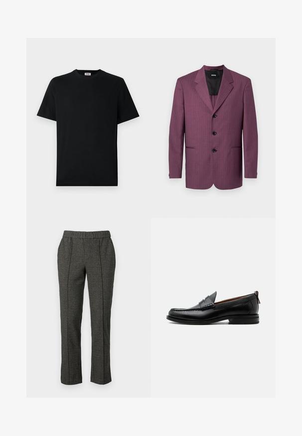 Lila gestreifter Blazer mit Reverskragen, drei schwarzen Knöpfen und zwei seitlichen Taschen. Futterstoff im Inneren, taillierte Passform, strukturierte Schultern.; Schwarzes T-Shirt mit kurzem Arm und Rundhalsausschnitt, flach auf einem weißen Hintergrund liegend, mit einem kleinen Markenlabel im Kragen.; Graue maßgeschneiderte Hose aus strukturiertem Stoff, mit elastischem Bund, geraden Beinen und Falten in der Vorderseite.; Schwarzer Leder-Herrenschuh mit Mokassinnaht, Penny-Riemen, strukturiertem Kragen und niedrigem gestapeltem Absatz auf weißem Hintergrund.