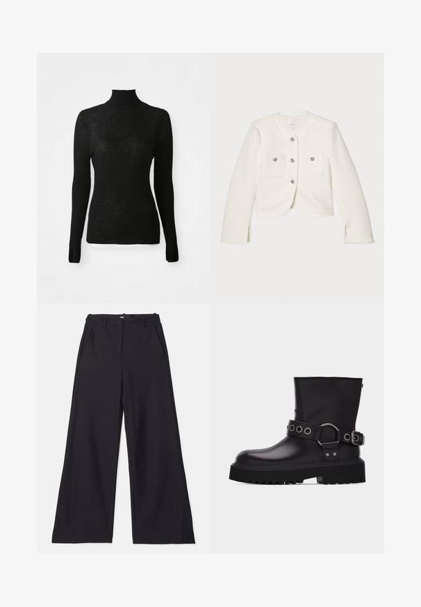 Hvid cropped jakke lavet af tekstureret stof, med fire knapper med dekorative udsmykninger og to forlommer.; Sort langærmet ribbet strikpullover med høj hals og slim fit samt subtil tekstur på en hvid baggrund.; Maje PIMANO - Bukser - noir; Sort læderstøvle til midten af læggen med tyk sål med slidbanemønster, dekorativ rem med sølvmetal-øjer og spænde på siden.