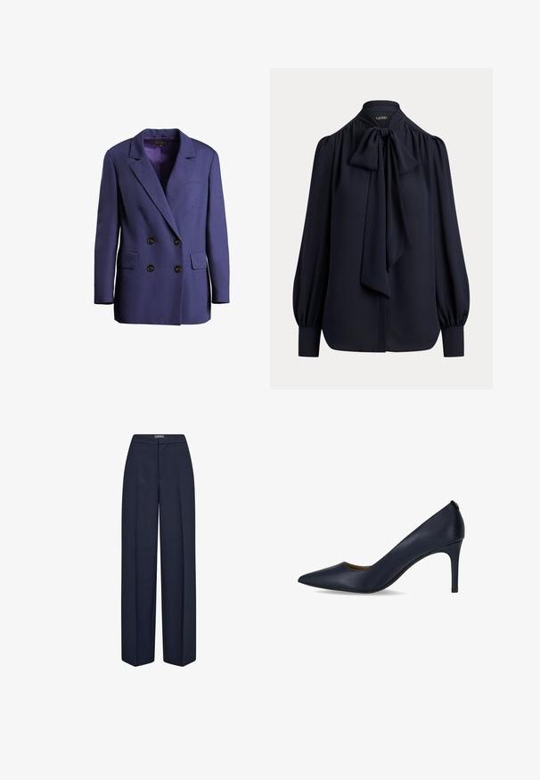 Paarse double-breasted blazer van textuurstof met een notch-kraag, twee voorzakken en bruine knoopaccenten.; Marineblauwe blouse met lange mouwen, een hoge hals en een grote strik aan de voorkant, met geplooide manchetten en een losse pasvorm.; Marineblauwe broek met rechte pijpen, gemaakt van een gestructureerde stof, met een vlakke voorkant, zijzakken en een op maat gemaakte silhouet, met een strakke zoom.; Marineblauwe hoge pump van soepel leer, met een spitse neus en een slanke hak. Eenvoudig ontwerp zonder extra versieringen.