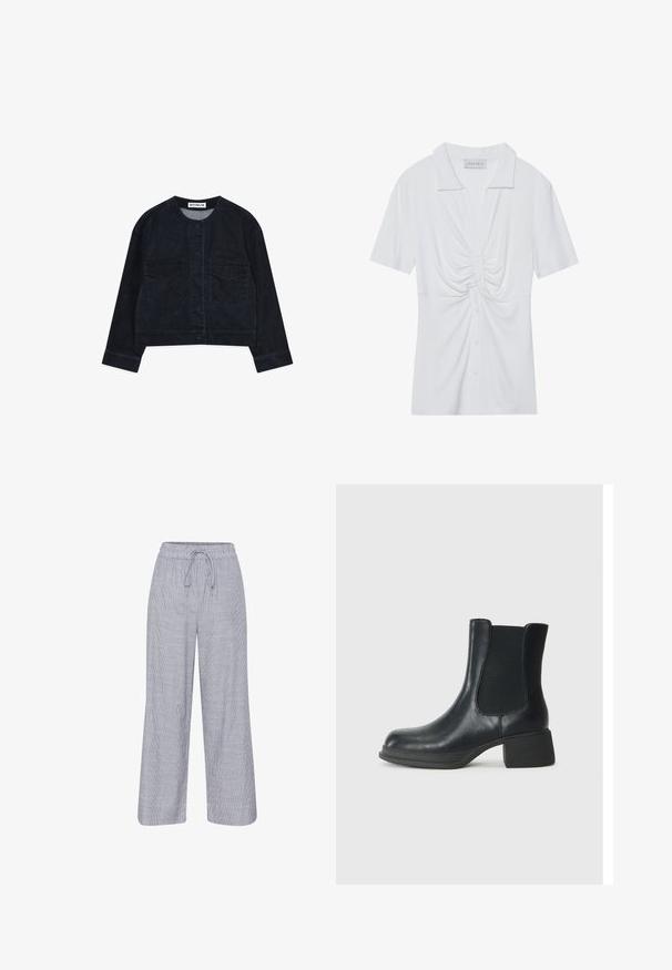 Tume denim jakk, millel on ümmargune kaelus, ees nööbid ja kaks rinnaeingit. Omab lühendatud kujundust ja lihtsaid õmblusaktsente.; Valge lühikeste varrukatega blouse, millel on krae, esiosas keeratud sõlme detail ja nööpidega sulg. Sile ja sooniline tekstuur.; Hallid ja valged triibulised lai säärega püksid elastse vöökoha ja nööriga. Kerge kangas, lõdva istuvusega.; Mustadast mustast nahast pahkluu saabas, millel on elastsed külgpaneelid, ümar varvas ja madal plokk kand. Pinndl on sile tekstuur ja minimaalne detailide arv.