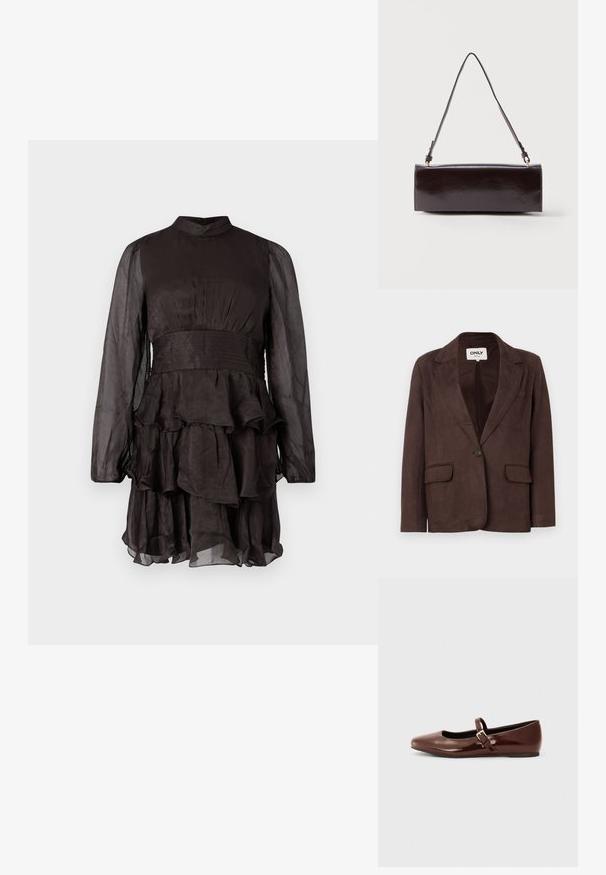 Bruine faux suede blazer met een reverskraag, enkele knoopsluiting, twee voorkruiken en een gladde binnenvoering.; Zwart doorschijnend lange mouwen jurk met hoge halslijn, geplooide taille en gelaagde ruches rok tegen een eenvoudige witte achtergrond.; Bruine gepatineerde leren balletschoen met een vierkante neus en een bandje met een kleine gouden gesp. Gladde textuur, lage hak en minimalistisch ontwerp.; Rechthoekige zwarte leren handtas met een enkele lange schouderband en een glanzende afwerking, weergegeven tegen een effen witte achtergrond.