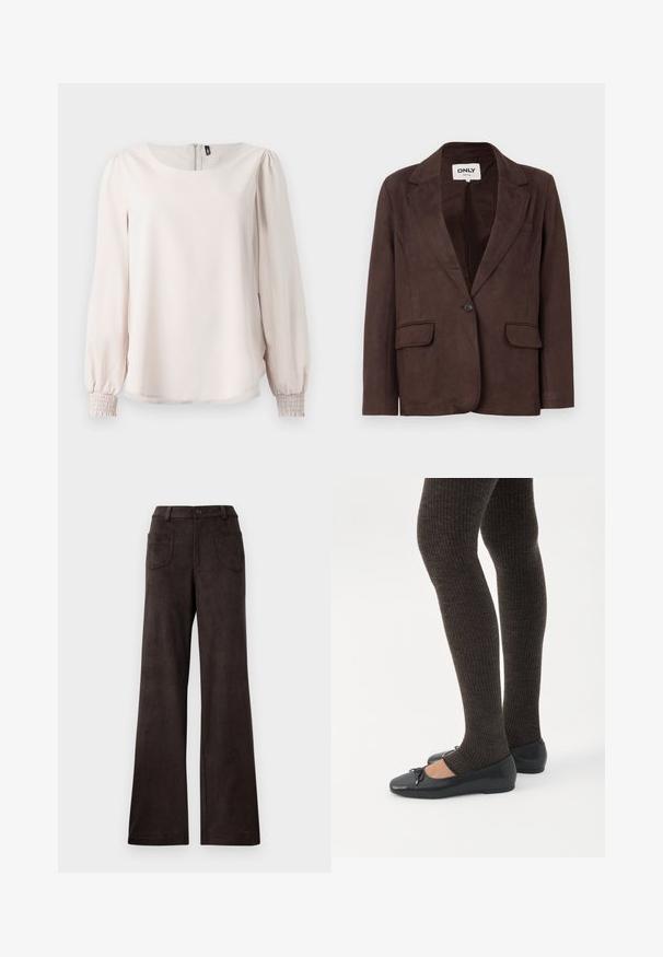 Blazer en faux suède marron avec col en revers, fermeture à un bouton, deux poches avant et doublure intérieure lisse.; Blouse longue à manches en rose clair, avec un col rond, des poignets smockés et une fermeture éclair au dos. Fabriquée en tissu doux et lisse.; Pantalons à large jambe marron en tissu doux et texturé. Les caractéristiques incluent une fermeture à bouton et deux poches avant.; Jambes portant des leggings côtelés foncés associés à des ballerines noires avec de petits détails en nœud sur fond blanc.