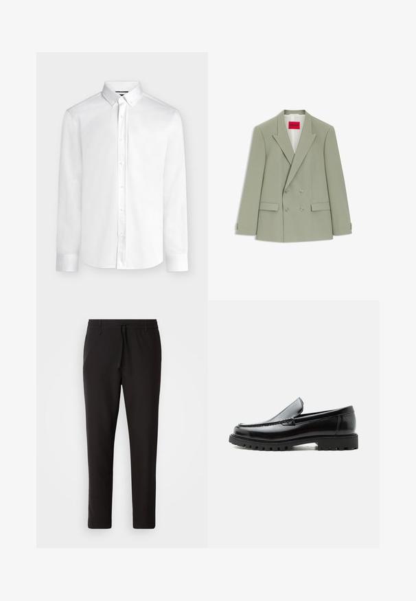 Blazer cruzado verde claro con solapas con muesca, cuatro botones, bolsillos con tapa y una etiqueta roja "Hugo" en el interior del cuello.; Camisa blanca de manga larga con botones, cuello abotonado y puños estándar, mostrada sobre un fondo liso de color gris claro.; Pantalones de chándal negros de tejido suave. Cuentan con una cintura elástica con cordón, piernas ajustadas y sin bolsillos visibles. Diseño sencillo.; Mocasín de cuero negro con suela de goma gruesa, empeine cosido y nombre de la marca en relieve en el talón, mostrado en perfil lateral sobre fondo blanco.