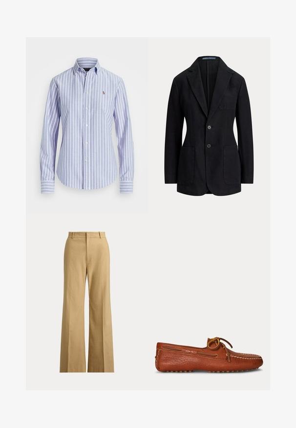 Zwarte herenblazer met inkepingrevers, twee voorste knopen, drie opgestikte zakken en een label met de tekst Polo by Ralph Lauren aan de binnenkant van de kraag.; Blauw en wit gestreept overhemd met knoopsluiting en kraag, voorzien van een klein geborduurd logo op de borst en knoopmanchetten. Zachte stofstructuur.; Beige wijde broek met hoge taille, riemlussen, voorrits en vlak voorpand tegen een witte achtergrond.; Bruine leren mocassin met gestikte details en een gestrikte veter op een effen lichte achtergrond, gezien van opzij.