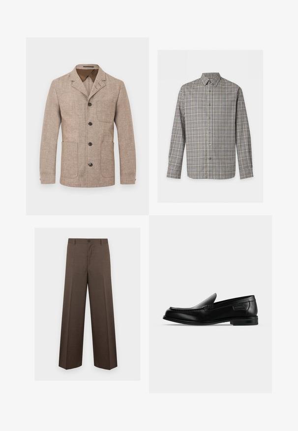 Blazer pour homme beige texturé avec col à revers crantés, quatre boutons sombres sur le devant et trois poches plaquées.; Chemise à manches longues à boutons avec un petit motif à carreaux noir, blanc et marron et un col standard, présentée sur fond blanc.; Pantalon marron à jambes larges, coupe cintrée avec passants de ceinture et fermeture par bouton, présenté à plat sur un fond blanc.; Mocassin noir en cuir à enfiler avec un petit talon, un bout arrondi et des surpiqûres décoratives le long du bord supérieur.
