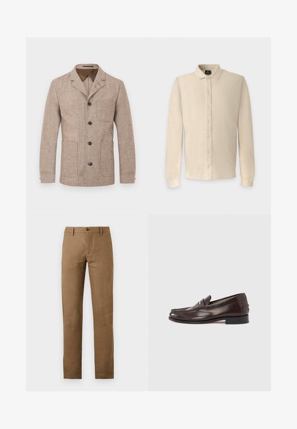 Blazer pour homme beige texturé avec col à revers crantés, quatre boutons sombres sur le devant et trois poches plaquées.; Chemise beige à manches longues avec boutons, motif texturé, col plié et poignets côtelés, présentée sur un fond uni.; Pantalon marron à jambes droites avec passants de ceinture et fermeture boutonnée et zippée à l'avant sur fond uni.; Mocassins en cuir marron avec un bout style mocassin, des coutures décoratives et un talon bas. Texture lisse avec un léger éclat.