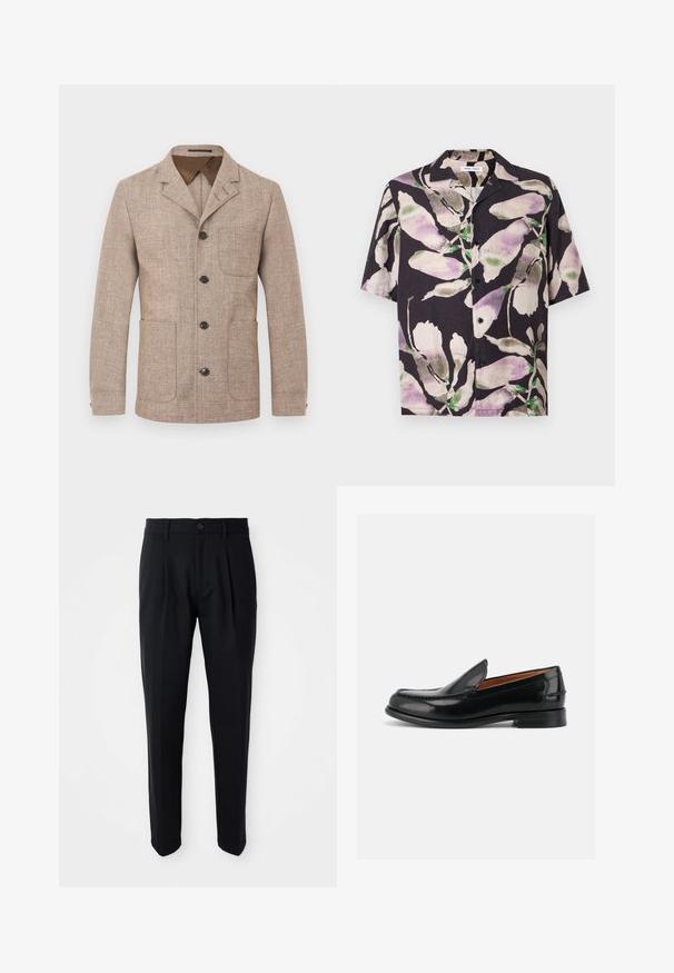 Beige tekstureret herreblazer med reverskrave, fire mørke knapper foran og tre påsyede lommer.; Sort kortærmet skjorte med knapper, med abstrakt stort mønster i lilla, beige og grøn blomsterprint og en camp-krave.; Sorte skræddersyede bukser med frontfald, knaplukning og bæltestropper, præsenteret på en hvid baggrund.; Sort poleret læder herre loafer med lav hæl og syet forfod, vist i sideprofil på hvid baggrund.