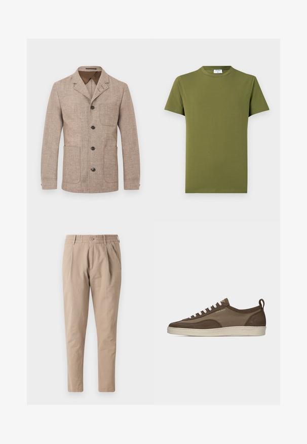 Beige tekstureret herreblazer med reverskrave, fire mørke knapper foran og tre påsyede lommer.; Olivengrøn kortærmet t-shirt lavet af blødt, glat stof. Klassisk rund halsudskæring, rene linjer og uden synlige mønstre eller detaljer.; Beige bomuldsbukser med afslappet pasform, elastisk talje, knaplukning og sidelommer. Glat tekstur, tapered ben design.; Lavprofileret brun sneaker med hvide snørebånd, beige sål, stof og ruskindsoverdel, side pull-tab og "Tiger of Sweden" logo i guldtekst.