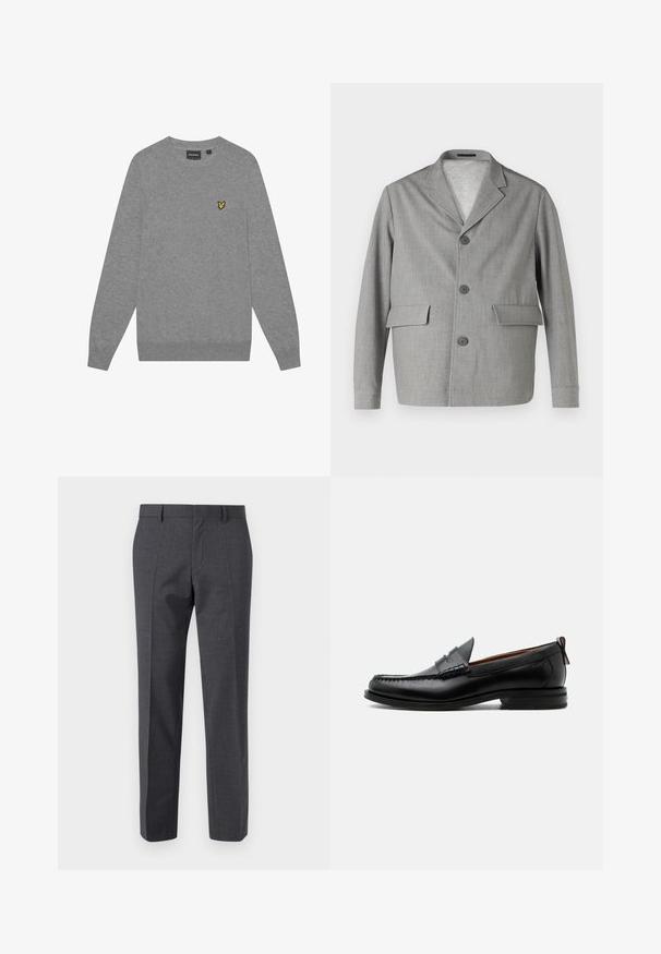 Grå blazer lavet af struktureret stof, med en slå-krave, tre knapper og to frontlommer. Ren, moderne design.; Grå sweater med lange ærmer, rund hals og ribbede manchetter. Har et lille gult broderet logo på venstre bryst. Lavet af blødt stof.; Grå skræddersyede bukser med en tekstureret finish, flad front og lige ben design. Har sidelommer og bælteløkker.; Sort læder herre loafer med moc-tå syning, penny strop, struktureret krave og lav stablet hæl på hvid baggrund.