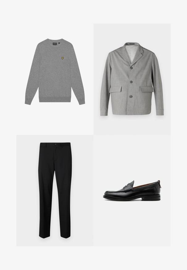 Sivý blazer vyrobený z textúrovanej látky, s klopovým golierom, tromi gombíkmi a dvomi prednými vreckami. Jednoduchý, moderný dizajn.; Sivý sveter s dlhými rukávmi, okrúhlym výstrihom a rebrovanými manžetami. Na ľavej hrudi sa nachádza malé žlté výšivkové logo. Vyrobený z mäkkej látky.; Čierne elegantné nohavice s hladkým predným dielom, štandardným pásom a priamymi nohavicami. Vyrobené z hladkej tkaniny, s jedným gombíkom na zapínanie.; Čierny kožený pánsky mokasín s prešitím moc toe, penny remienkom, textúrovaným golierom a nízkym vrstveným podpätkom na bielom pozadí.