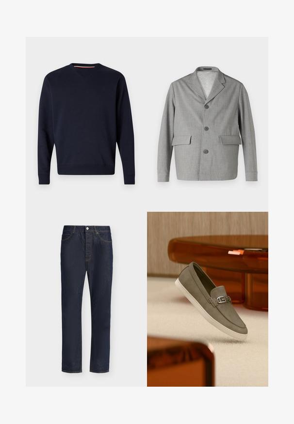 Blazer gris hecho de una tela texturizada, con cuello de pico, tres botones y dos bolsillos frontales. Diseño limpio y moderno.; Replay Sudadera - night blue; Vaqueros de mezclilla azul oscuro de corte recto, con cierre frontal de botón y cremallera, trabillas para el cinturón y bolsillos delanteros y traseros.; Mocasín gris único de ante con suela blanca y detalle de hebilla plateada, mostrado flotando sobre una alfombra clara y fondo de muebles de madera.