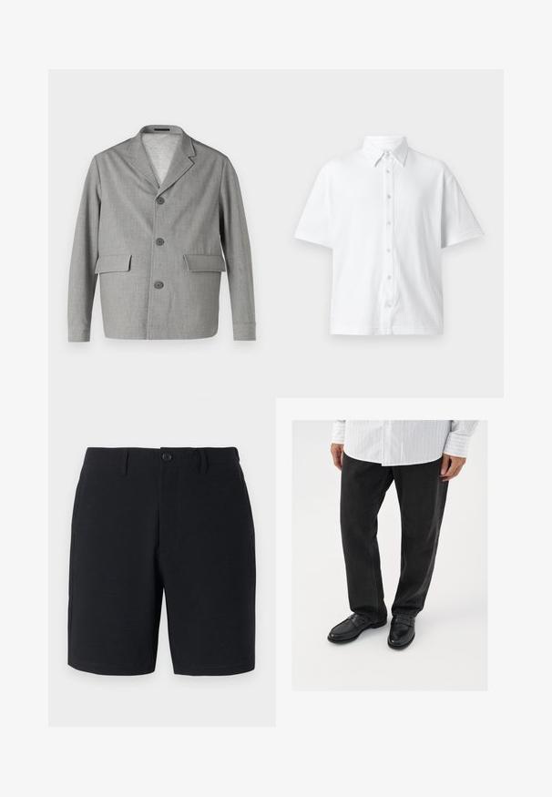 Grå blazer lavet af struktureret stof, med en slå-krave, tre knapper og to frontlommer. Ren, moderne design.; Hvid kortærmet skjorte med knapper lavet af tekstureret stof, med en klassisk krave og et linjemønster. Seks knapper langs forsiden.; Sorte shorts i et tekstureret stof, med knaplukning, bæltestropper og sidelommer; skræddersyet pasform med rene, syede kanter.; Sorte denimbukser parret med skinnende sorte loafers. Skjorten er hvid med tynde lodrette striber, har lange ærmer og en knapkrave.