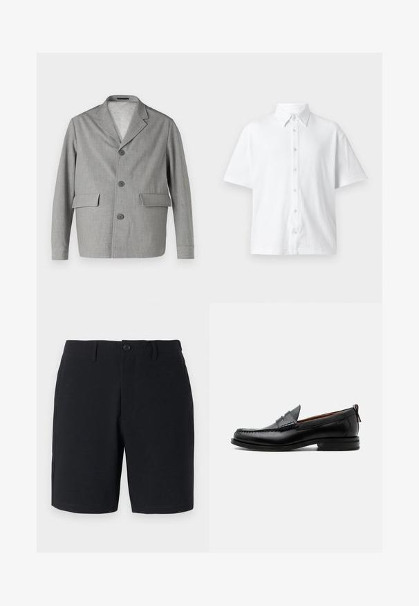 Grå blazer lavet af struktureret stof, med en slå-krave, tre knapper og to frontlommer. Ren, moderne design.; Hvid kortærmet skjorte med knapper lavet af tekstureret stof, med en klassisk krave og et linjemønster. Seks knapper langs forsiden.; Sorte shorts i et tekstureret stof, med knaplukning, bæltestropper og sidelommer; skræddersyet pasform med rene, syede kanter.; Sort læder herre loafer med moc-tå syning, penny strop, struktureret krave og lav stablet hæl på hvid baggrund.