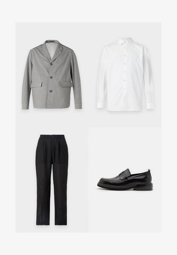 Blazer gris hecho de una tela texturizada, con cuello de pico, tres botones y dos bolsillos frontales. Diseño limpio y moderno.; Camisa de vestir blanca de manga larga con botones, cuello abierto y puños abotonados, mostrada sobre un fondo blanco liso.; Pantalones negros de pliegues con una tela texturada y con patrón. Presentan una cintura elástica y cierre de botón, diseño de pierna recta.; Calvin Klein MOCCASIN - Mocasines elegantes - black