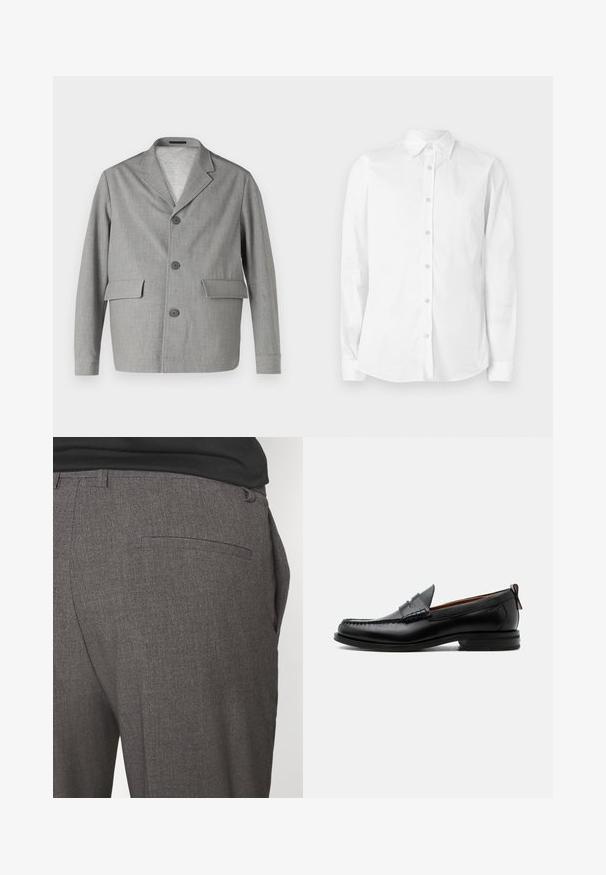 Grå blazer lavet af struktureret stof, med en slå-krave, tre knapper og to frontlommer. Ren, moderne design.; Hvid langærmet skjorte med knapper, lavet af bomuld. Har en spids krave og et lille broderet logo på brystet. Glat tekstur.; Grå skræddersyede bukser med en glat tekstur, udstyret med en enkelt baglomme og et slim fit design. Stoffet har et subtilt mønster.; Sort læder herre loafer med moc-tå syning, penny strop, struktureret krave og lav stablet hæl på hvid baggrund.