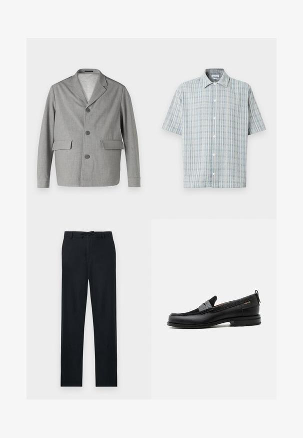 Grijze blazer van textuurstof, met een notch-kraag, drie knopen en twee voorkezen. Strak, modern ontwerp.; Korte mouwen overhemd met knopen en een blauw-wit ruitpatroon, spreidkraag en witte knopen aan de voorkant.; Zwarte broek van een lichtgewicht materiaal, met een rechte snit, verstelbare trekkoord taille en twee zijzakken.; Zwarte leren loafer met grijs riemdetailelement, lage hak en gestructureerde zool, aan de zijkant gebrandmerkt met "HUGO" in goud.