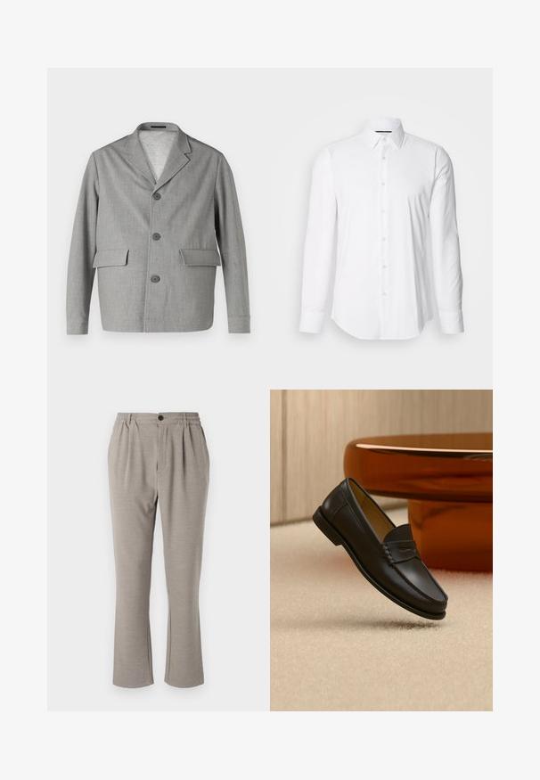 Grå blazer lavet af struktureret stof, med en slå-krave, tre knapper og to frontlommer. Ren, moderne design.; Hvid langærmet skjorte lavet af glat stof, med klassisk krave og knap-front design samt en buet kant. Knapperne er diskret blanke.; Lyse grå bukser med en afslappet pasform, lavet af blødt stof, med elastisk talje, plisseringer og en enkelt knaplukning.; Sort læder loafer-sko hængende over beige tæppe med ravfarvet moderne møblement i baggrunden.