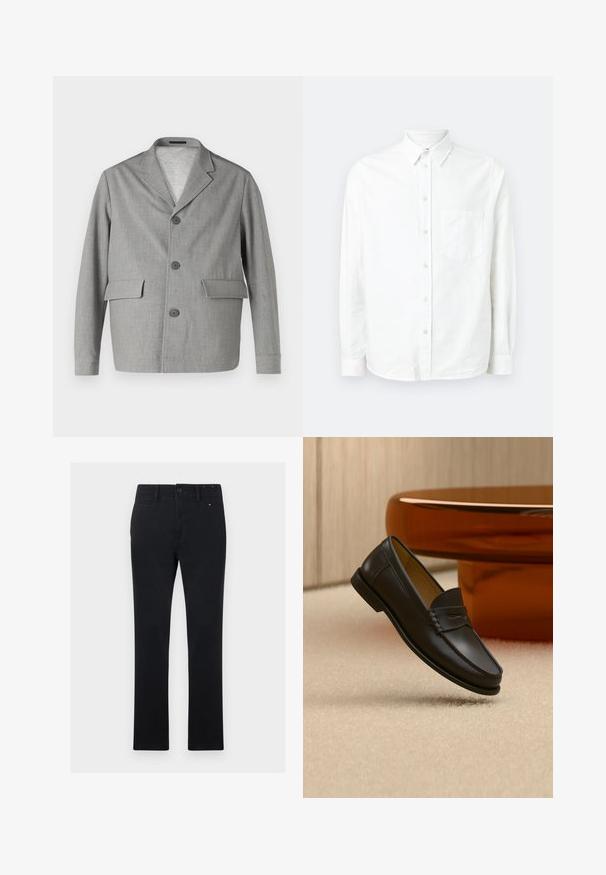 Grå blazer lavet af struktureret stof, med en slå-krave, tre knapper og to frontlommer. Ren, moderne design.; Hvid langærmet skjorte med knaplukning lavet af letvægtsstof. Har en frontlomme, klassisk krave og subtil tekstur.; Sorte bomuldsbukser med lige snit, der har knap- og lynlåsclosure, fem lommer og diskrete syninger.; Sort læder loafer-sko hængende over beige tæppe med ravfarvet moderne møblement i baggrunden.