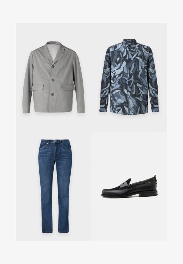 Grauer Blazer aus strukturiertem Stoff, mit Reverskragen, drei Knöpfen und zwei Vordertaschen. Sauberes, modernes Design.; Langarmhemd aus weichem Stoff mit einem dunkelblauen Grundton und abstrakten, hellblauen blattähnlichen Mustern, mit Knopfleiste und Kragen.; Dunkelblaue Jeans aus Denim mit geradem Bein, subtilen Waschungen, klassischem Fünf-Taschen-Design und orangen Steppnähten.; Schwarzer Lederloafer mit grauem Riemendetail, niedrigem Absatz und strukturierter Sohle, seitlich mit „HUGO“ in Gold gebrandmarkt.