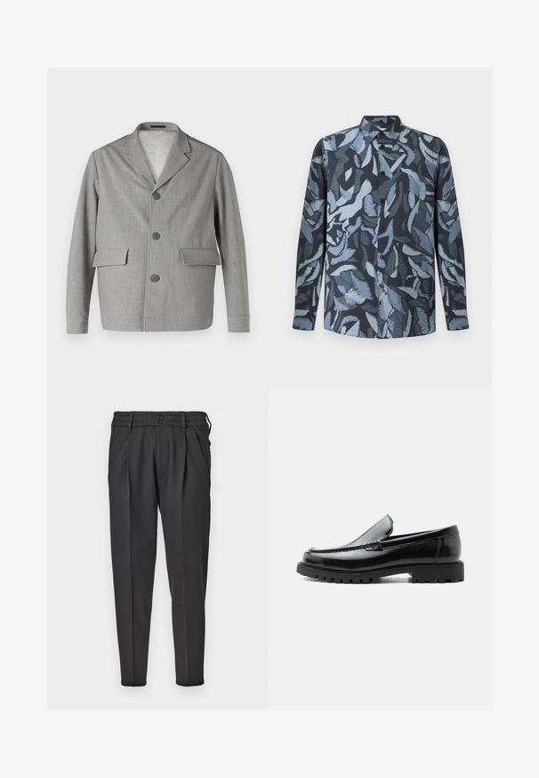 Blazer gris hecho de una tela texturizada, con cuello de pico, tres botones y dos bolsillos frontales. Diseño limpio y moderno.; Camisa de manga larga de tejido suave, con una base azul oscura y patrones abstractos en tonos azul claro que parecen hojas, con cierre de botones en el frente y cuello.; Pantalones negros de tela suave, con un frente plisado, cinturilla elástica y piernas rectas con un fondo cónico.; Mocasín de cuero negro con suela de goma gruesa, empeine cosido y nombre de la marca en relieve en el talón, mostrado en perfil lateral sobre fondo blanco.