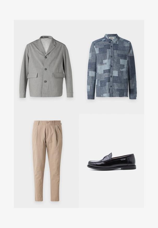 Blazer gris en tissu texturé, avec un col à revers, trois boutons et deux poches avant. Design épuré et moderne.; DRYKORN DIEGGO - Chemise - blue; Pantalons en coton beige avec une coupe décontractée, taille élastique, fermeture à bouton et poches latérales. Texture lisse, conception à jambes fuselées.; Mocassins en cuir noir avec une finition brillante, présentant un motif cousu sur l'avant-pied et une semelle en caoutchouc noire texturée et basse.
