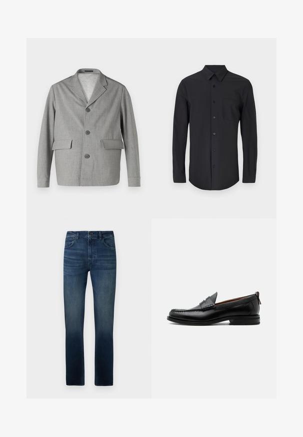 Grijze blazer van textuurstof, met een notch-kraag, drie knopen en twee voorkezen. Strak, modern ontwerp.; Zwarte langslavend shirt in een gladde stof met een klassieke kraag, knoopsluiting en een borstzak aan de linkerkant.; Blauwe denim jeans met een rechte pijp, voorzien van een gemiddelde taillehoogte, subtiele vervaging en een traditionele 5-pocket ontwerp.; Zwarte leren herensloffen met moc toe stiksel, pennyriem, gestructureerde kraag en lage gestapelde hak op witte achtergrond.