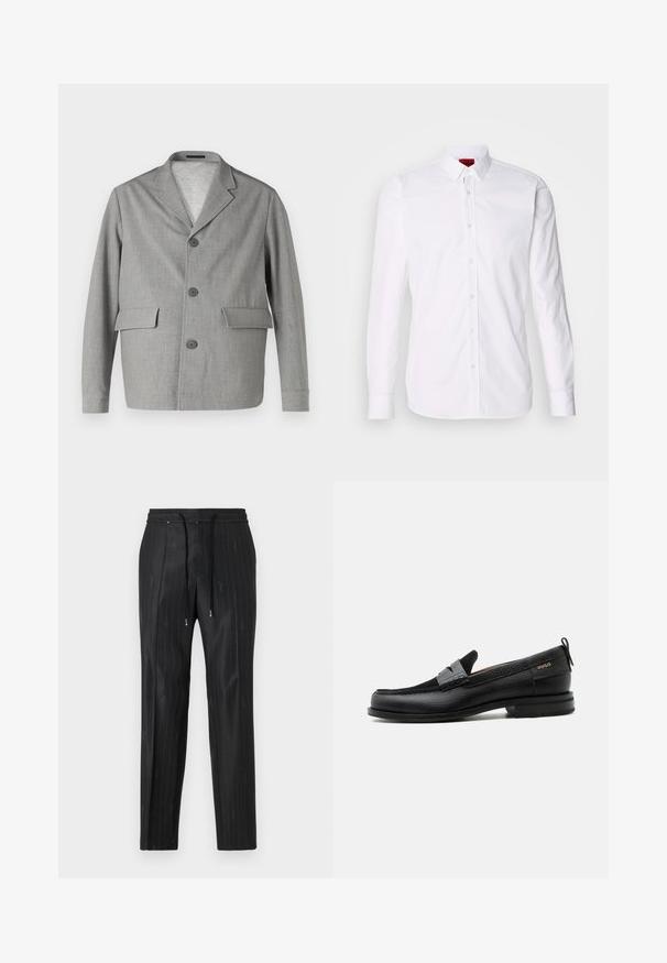 Grå blazer lavet af struktureret stof, med en slå-krave, tre knapper og to frontlommer. Ren, moderne design.; Hvid skjorte med lange ærmer, knap-front og klassisk krave, fremstillet i en blød bomulds kvalitet.; Sorte pinstripede bukser lavet af glat stof med en komfortabel elastisk talje og snøre detaljer. Har diskret logo detaljering.; Sort læderloafer med grå remdetalje, lav hæl og tekstureret sål, mærket med "HUGO" i guld på siden.