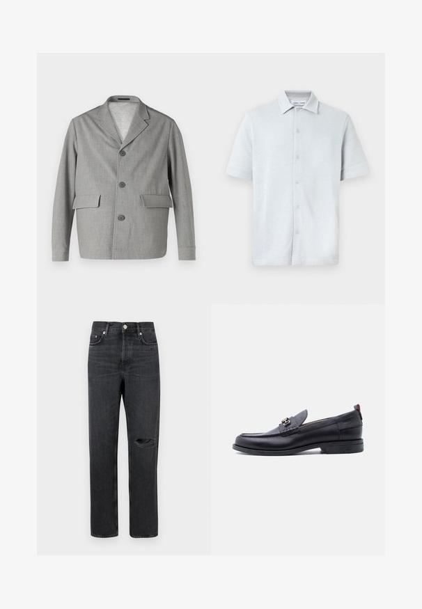 Grauer Blazer aus strukturiertem Stoff, mit Reverskragen, drei Knöpfen und zwei Vordertaschen. Sauberes, modernes Design.; Kurzärmliges Hemd mit Kragen in Hellblau, strukturiertem Stoff mit Rautenmuster, mit durchgehender Knopfleiste vorne und geradem Saum.; Schwarze Denim-Jeans mit geradem Bein, featuring ein zerrissenes Knie, Fünf-Taschen-Design und Metallbeschläge an der Taille und den Taschen.; Schwarzer Lederloafer mit grauem, strukturiertem Vorderblatt, silberner Metallschnalle, niedrigem Absatz und Zuglasche hinten.