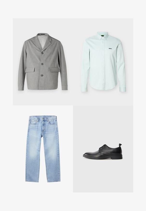 Sivý blazer vyrobený z textúrovanej látky, s klopovým golierom, tromi gombíkmi a dvomi prednými vreckami. Jednoduchý, moderný dizajn.; Svetlomodrá košeľa s dlhým rukávom a gombíkmi, so zapínacím golierom a čiernym logom "BOSS" na ľavej strane hrude.; Svetlomodré rifle s rovnými nohavicami, prednými vreckami, pútkami na opasok, zapínaním na gombíky a malou štítkom Calvin Klein na pravom prednom vrecku.; Čierne kožené pánske spoločenské topánky s šnurovaním a pútkom na päte, zobrazené v bočnom profile na bielom pozadí.