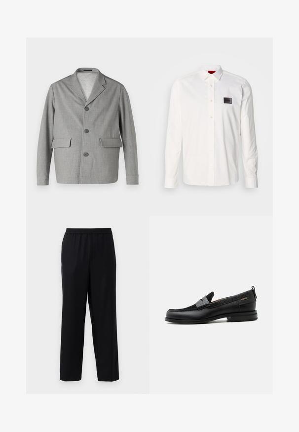 Grå blazer lavet af struktureret stof, med en slå-krave, tre knapper og to frontlommer. Ren, moderne design.; Hvid langærmet skjorte lavet af bomuld, med en knappet krave, forstykke med knapper og en sort logo-patch på venstre bryst.; Sorte bukser med elastisk talje, lige ben-design og et glat, let stof. Ingen synlige lommer eller mønstre.; Sort læderloafer med grå remdetalje, lav hæl og tekstureret sål, mærket med "HUGO" i guld på siden.
