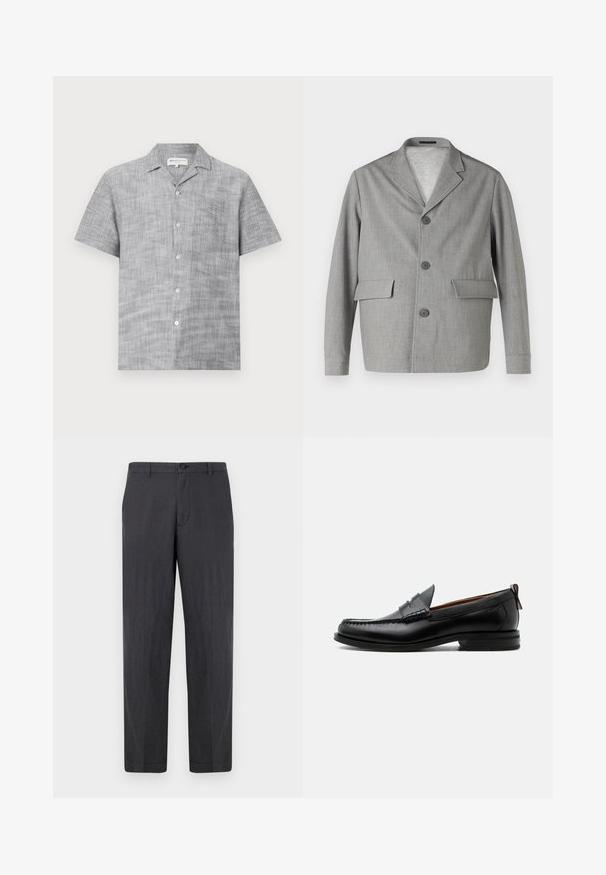 Grå blazer lavet af struktureret stof, med en slå-krave, tre knapper og to frontlommer. Ren, moderne design.; Kortærmet grå skjorte med knapper, lavet af tekstureret stof, med krave og lille forlomme. Har lyse knapper.; Mørkegrå, lige ben bukser lavet af letvægtsstof. Har en knaplukning og en flad front uden synlige lommer. Glat tekstur.; Sort læder herre loafer med moc-tå syning, penny strop, struktureret krave og lav stablet hæl på hvid baggrund.