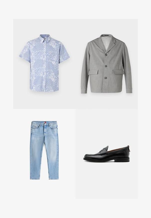 Grijze blazer van textuurstof, met een notch-kraag, drie knopen en twee voorkezen. Strak, modern ontwerp.; Korte mouw button-up shirt van lichtblauwe stof, met een witte bloemenpatroon en een borstzak met een logo label.; Lichtblauwe relaxte jeans met vijf zakken, knoopsluiting en subtiele vervaging, plat gelegd op een witte achtergrond.; Zwarte leren herensloffen met moc toe stiksel, pennyriem, gestructureerde kraag en lage gestapelde hak op witte achtergrond.