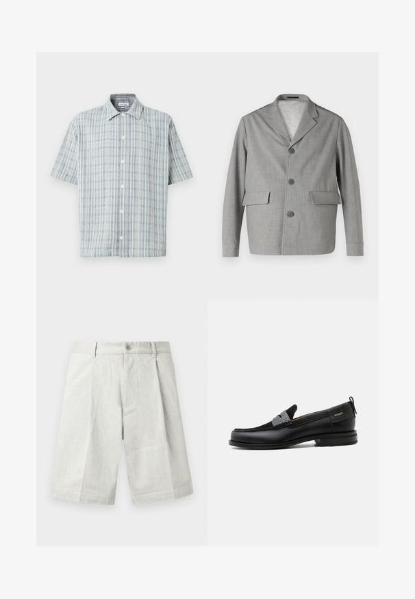 Grå blazer lavet af struktureret stof, med en slå-krave, tre knapper og to frontlommer. Ren, moderne design.; Kortærmet skjorte med knapper, blå og hvid ternet mønster, spredt krave og hvide knapper ned foran.; Lysegrå shorts lavet af tekstureret stof med knaplukning, plisseringer og lige snit, velegnet til afslappet brug.; Sort læderloafer med grå remdetalje, lav hæl og tekstureret sål, mærket med "HUGO" i guld på siden.