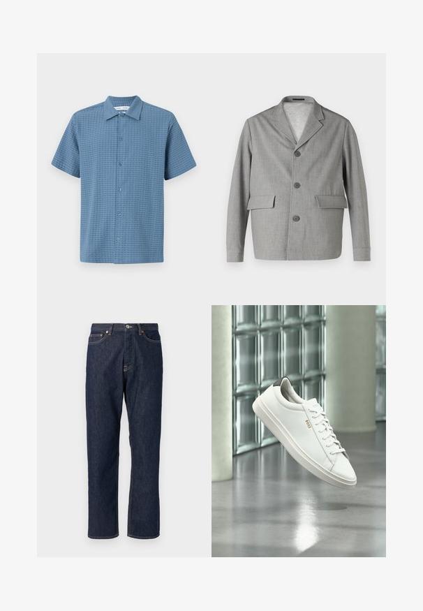 Grå blazer lavet af struktureret stof, med en slå-krave, tre knapper og to frontlommer. Ren, moderne design.; Kortærmet skjorte med knaplukning i lyseblå, tekstureret stof, der har et rutenetmønster og en klassisk krave. Seks knaplukninger langs forsiden.; Mørkeblå denim jeans med lige ben-design. Har knappelukning og lynlås, fem lommer og kontraststikningsdetaljer.; Hvid læder lav-top sneaker med snørebånd, sort hælflig og "BOSS"-logo, svævende indendørs nær glasblok væg og poleret gulv.