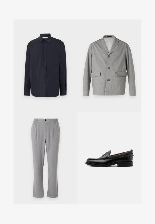 Grauer Blazer aus strukturiertem Stoff, mit Reverskragen, drei Knöpfen und zwei Vordertaschen. Sauberes, modernes Design.; Samsøe Samsøe RYAN SHIRT - Hemd - salute; Graue Hose aus strukturiertem Stoff mit Knopfverschluss und elastischem Bund. Gerades Bein mit Seitenfalten.; Schwarzer Leder-Herrenschuh mit Mokassinnaht, Penny-Riemen, strukturiertem Kragen und niedrigem gestapeltem Absatz auf weißem Hintergrund.