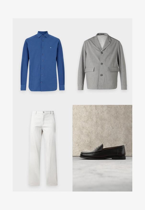 Grauer Blazer aus strukturiertem Stoff, mit Reverskragen, drei Knöpfen und zwei Vordertaschen. Sauberes, modernes Design.; Blaues Langarmhemd aus Baumwolle, mit durchgehender Knopfleiste, klassischem Kragen und dezentem Logo-Stick auf der Brust.; Helle graue Hose mit geradem Bein, aus einem glatten Stoff gefertigt, mit vorderer Knopfverschluss und Seitentaschen.; Schwarzer Pennyloafer aus Leder mit niedrigem Absatz, abgerundeter Spitze und genähten Details vorne und an den Seiten, gezeigt vor neutralem Hintergrund.