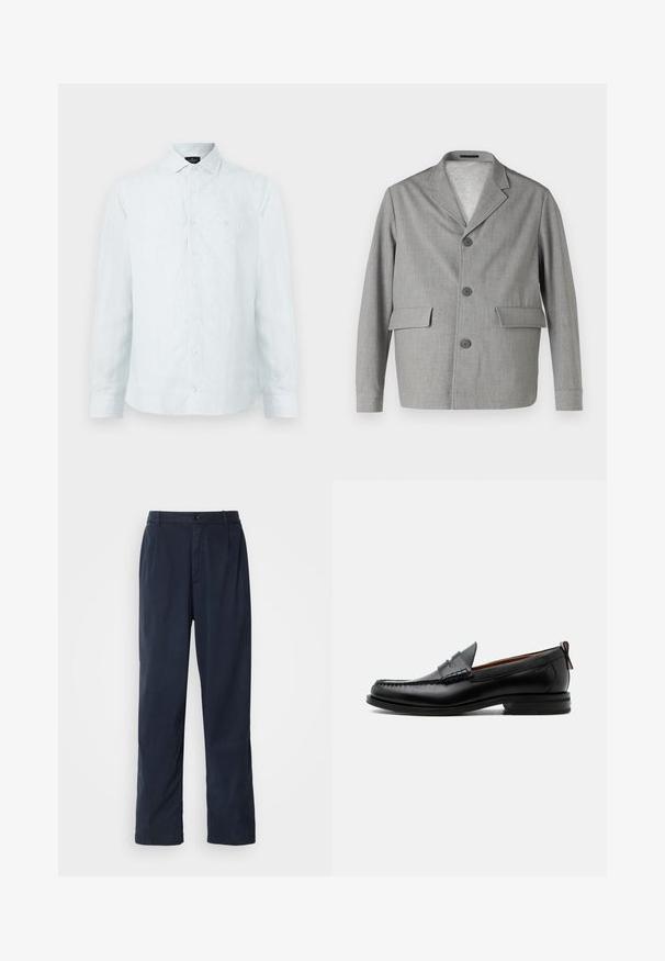 Blazer gris en tissu texturé, avec un col à revers, trois boutons et deux poches avant. Design épuré et moderne.; Chemise à boutons pour homme en bleu clair avec des rayures verticales blanches, col classique, manches longues et logo subtil sur la poitrine.; Pantalon bleu marine en mélange de coton. Présente une coupe droite, une fermeture à bouton sur le devant et de légères plis. Texture douce.; Mocassin homme en cuir noir avec couture moc toe, bride penny, col texturé et petit talon empilé sur fond blanc.