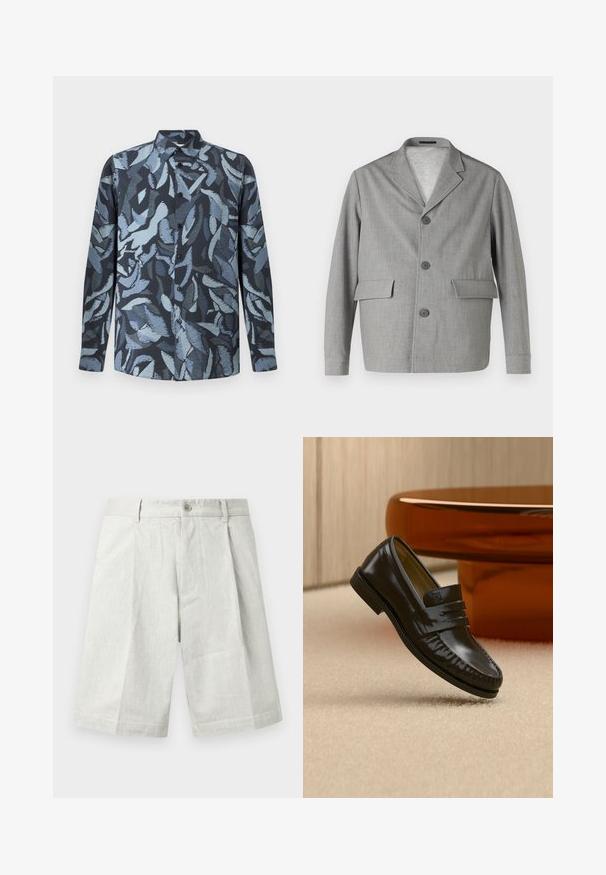 Grauer Blazer aus strukturiertem Stoff, mit Reverskragen, drei Knöpfen und zwei Vordertaschen. Sauberes, modernes Design.; Langarmhemd aus weichem Stoff mit einem dunkelblauen Grundton und abstrakten, hellblauen blattähnlichen Mustern, mit Knopfleiste und Kragen.; Hellgraue Shorts aus strukturiertem Stoff, mit einem Knopfverschluss, Falten und einem geraden Schnitt, geeignet für legere Trageanlässe.; Glänzender schwarzer Leder-Loafer mit einem Riemendetail, auf einem beigen Teppich neben einem runden braunen Couchtisch in einem sanft beleuchteten Raum platziert.